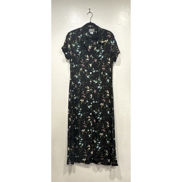 Vintage CAROL ANDERSON 90s Floral Short Sleeve Button Down Maxi Dress Tie Back - Picture 1 of 10